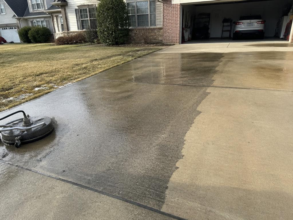 Concrete driveway mid pressure wash showing clean and dirty halves